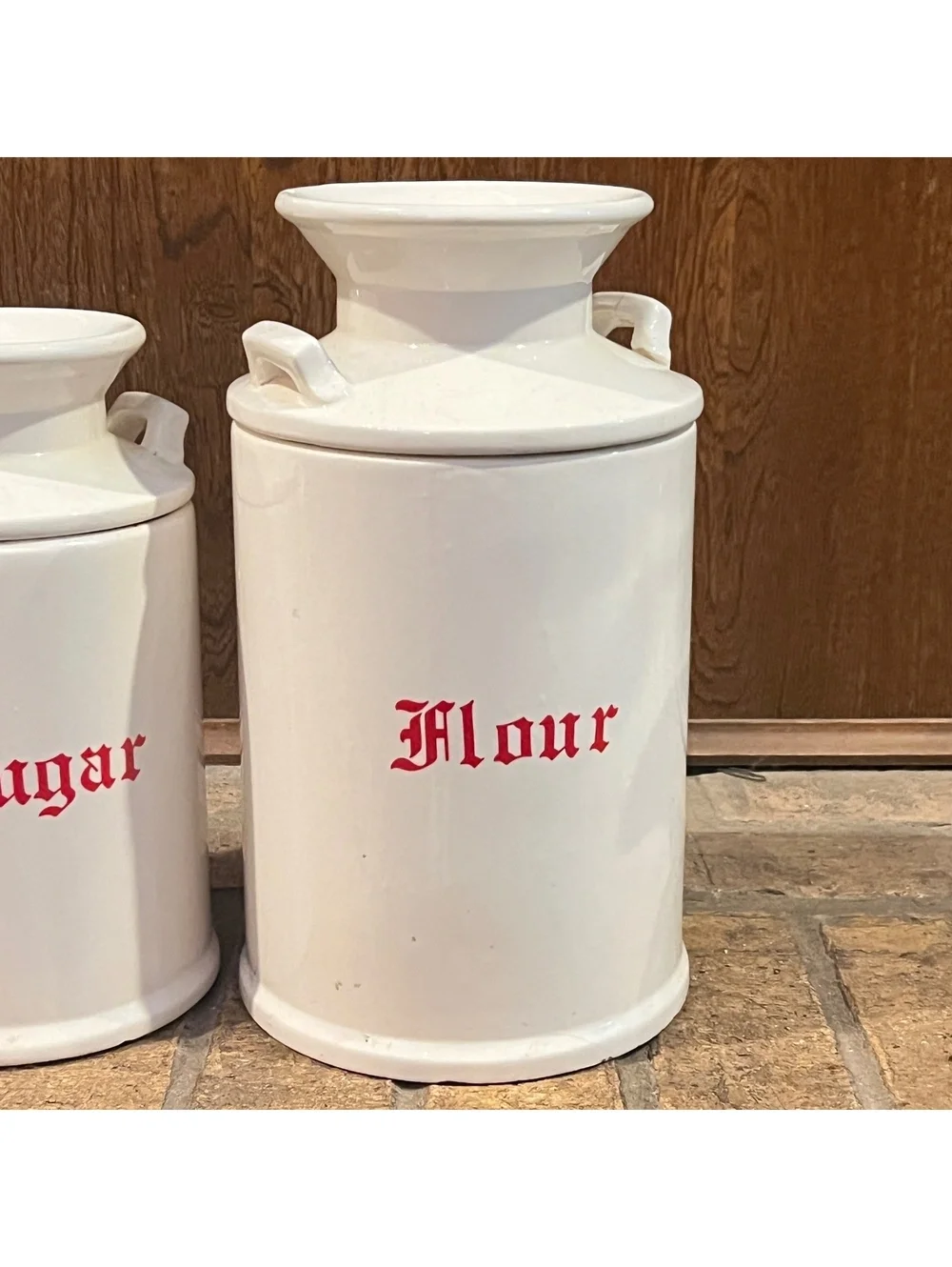 Vintage White Ceramic Kitchen Canister Set with Red Lettering - Tea, Coffee, 4-P
